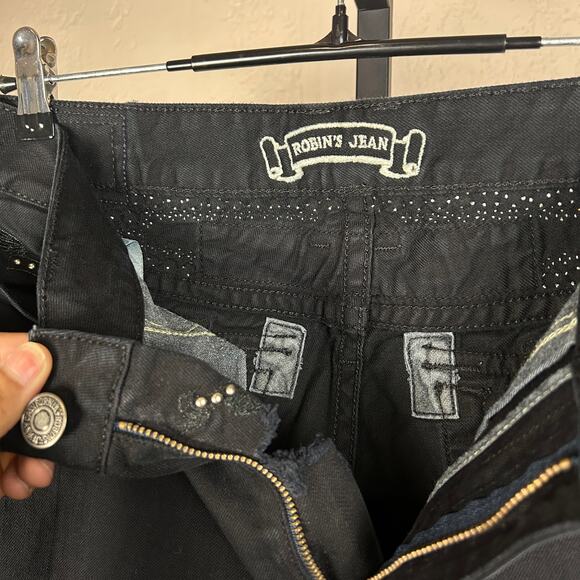 Robins Jeans RARE Mens 36" 100% Cotton Black Denim Long Flap Studded Waist Pants - Picture 7 of 9